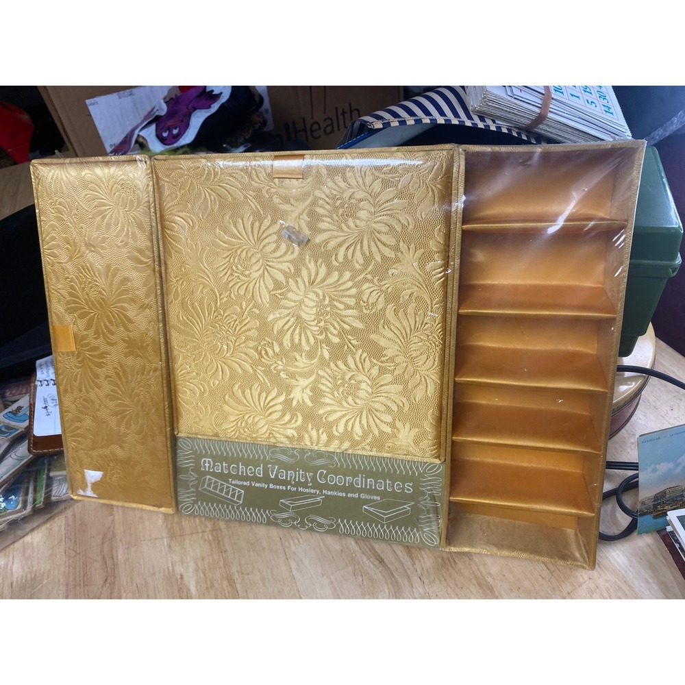 1950s 60s Vanity Organizer Set NOS Gold Floral Dresser Storage Boxes